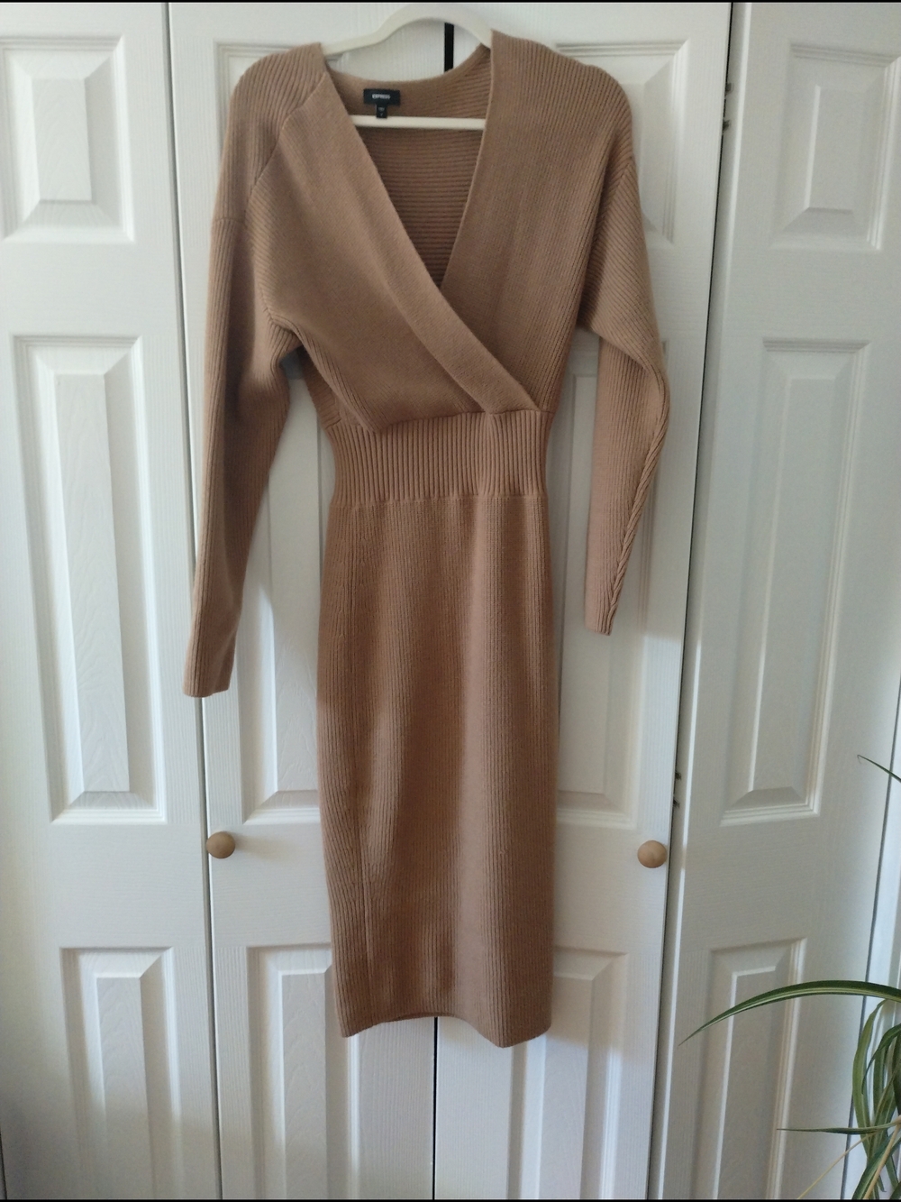 Express Camel Ribbed Wrap-Style Midi Dress - Picture 3 of 4